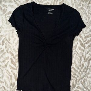 American Eagle Outfitters Black Short Sleeve Twist-Front V-Neck Top